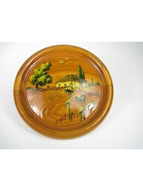 Hand Painted Round Wooden Wall Plaque Cottage Scene Design Rustic Boho Vintage